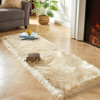 AMTOVO Faux Fur Rug, Beige Ultra Soft Fluffy Shag Sheepskin Rug, 2 x 6 ft Runner Area Rugs for