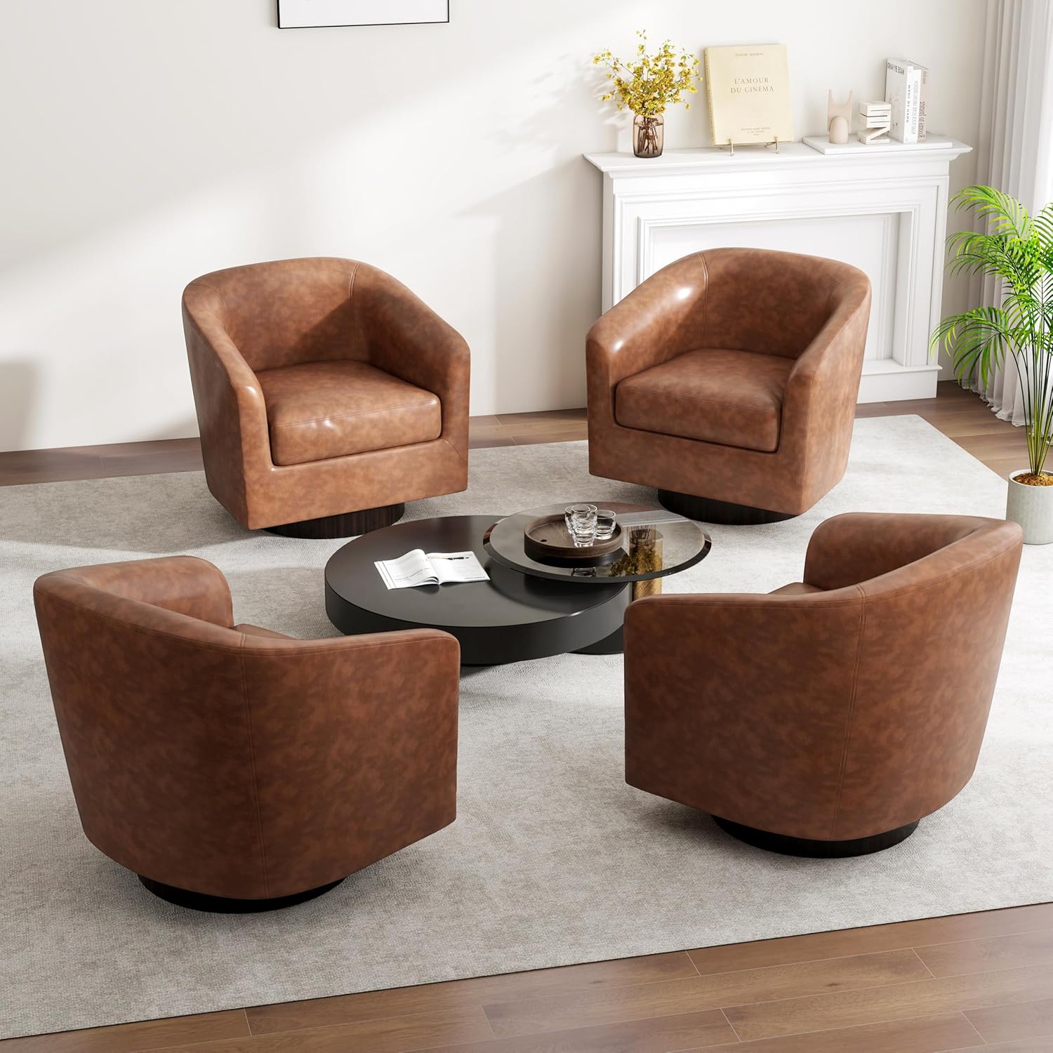 Swivel Barrel Accent Chair, Modern Round Faux Leather Arm Chair for Living Room, Bedroom, Comfy