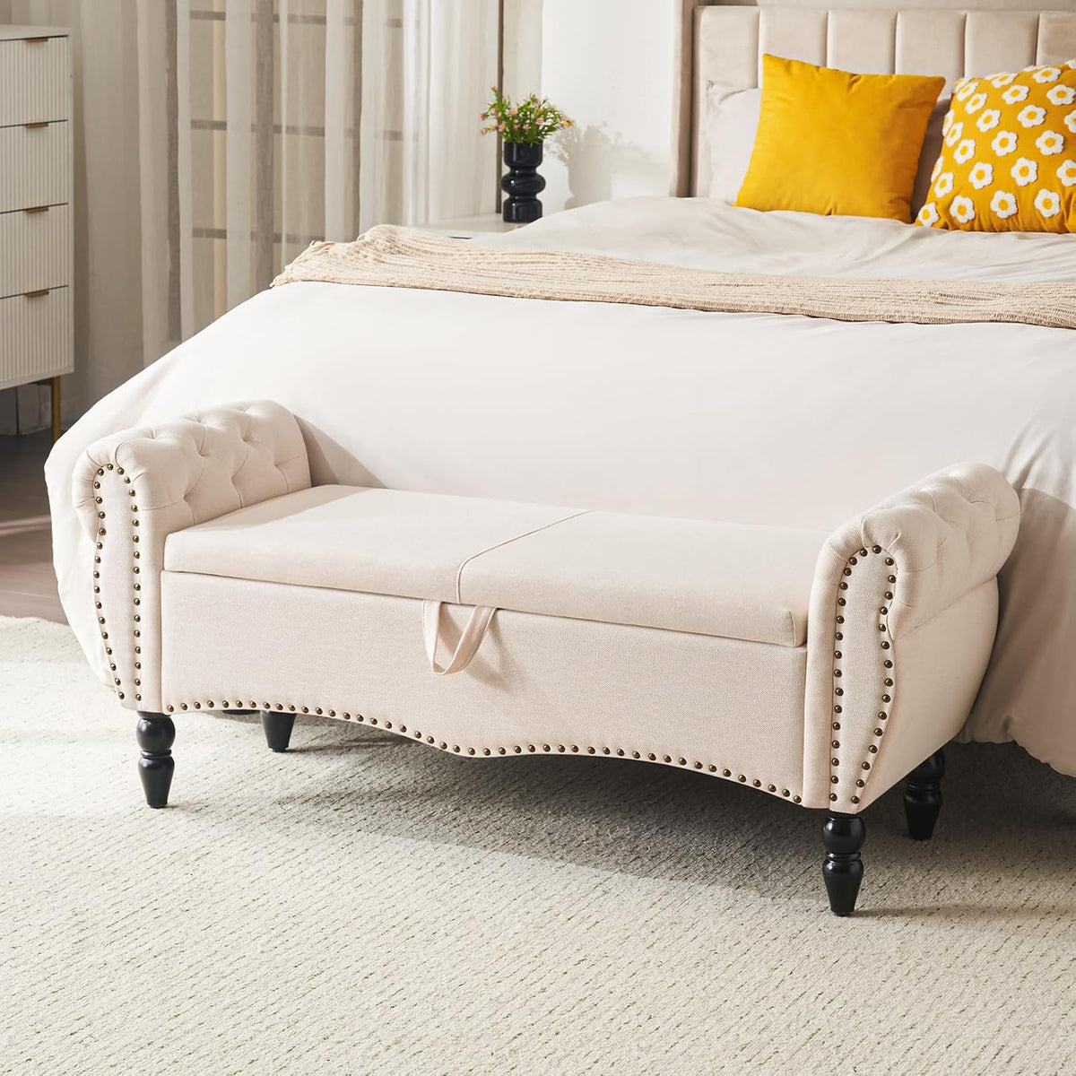 Furniliving Storage Ottoman Bench for Bedroom, Upholstered End of Bed Bench with Solid Wood Legs