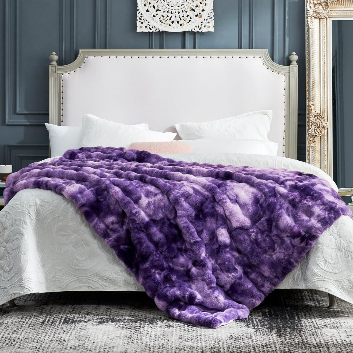 Cozy Bliss Faux Fur Throw Blanket for Couch, Fuzzy Soft Plush Thick Bubble Blanket for Sofa Bedroom