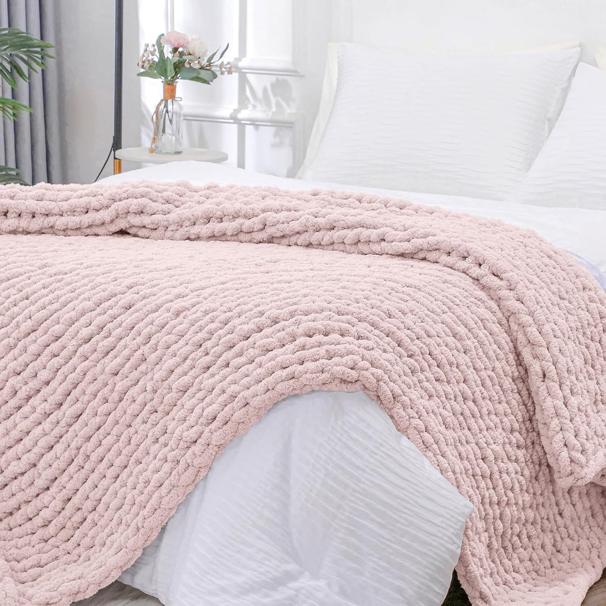 Bigacogo Chunky Knit Throw Blanket for Couch, 40x80 inches, 100% Hand Knitted with Thick Jumbo