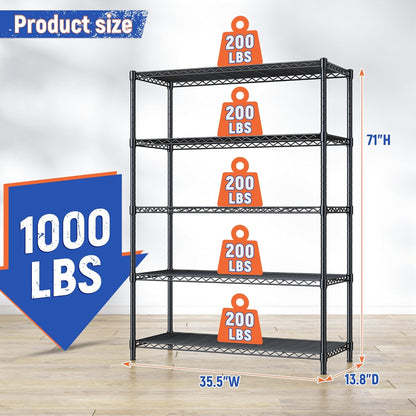 5 Tier Storage Shelves 71"H Wire Shelving Adjustable Metal Shelving,1000LBS Pantry Shelves Sturdy