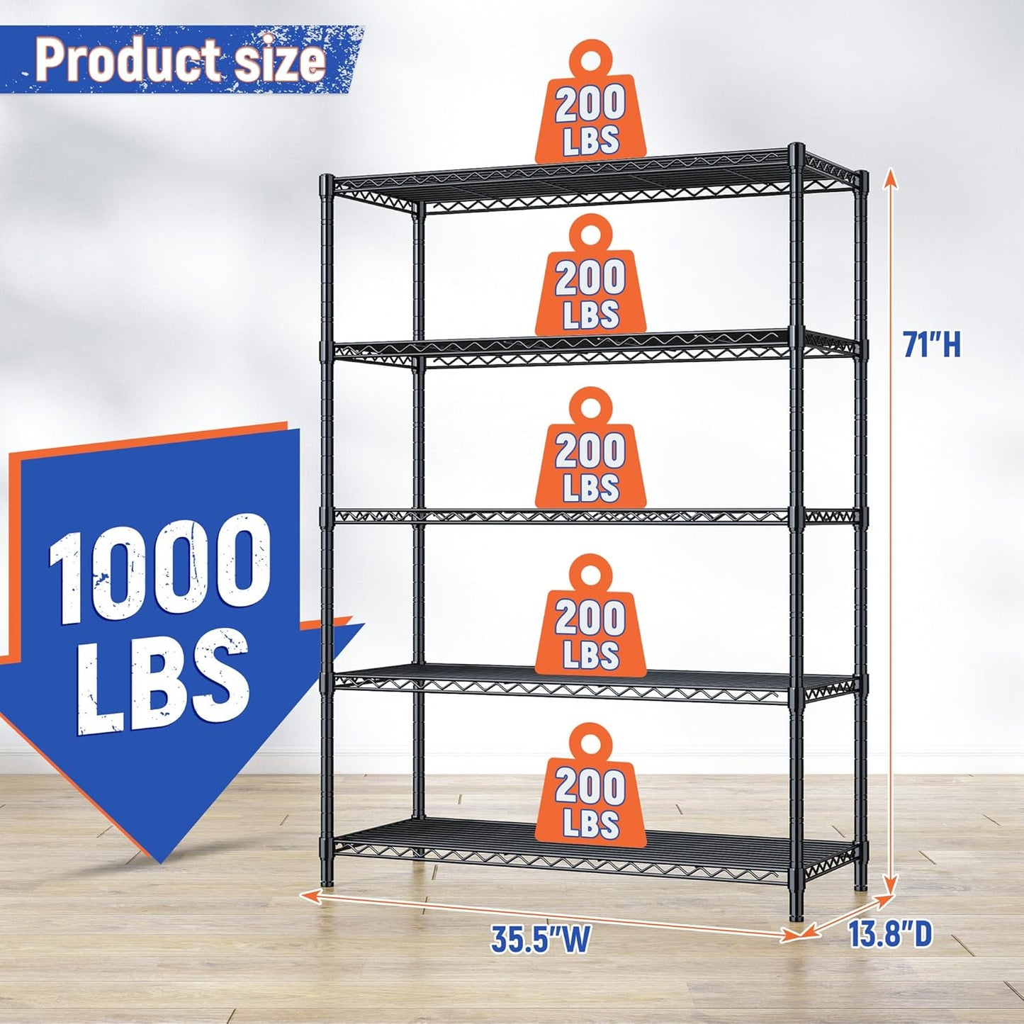 5 Tier Storage Shelves 71"H Wire Shelving Adjustable Metal Shelving,1000LBS Pantry Shelves Sturdy