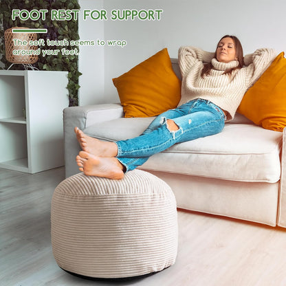 HIGOGOGO Round Stuffed Pouf Ottoman, Corduroy Poufs with Foam Chunk Filling, Furry and Fluffy Pouf