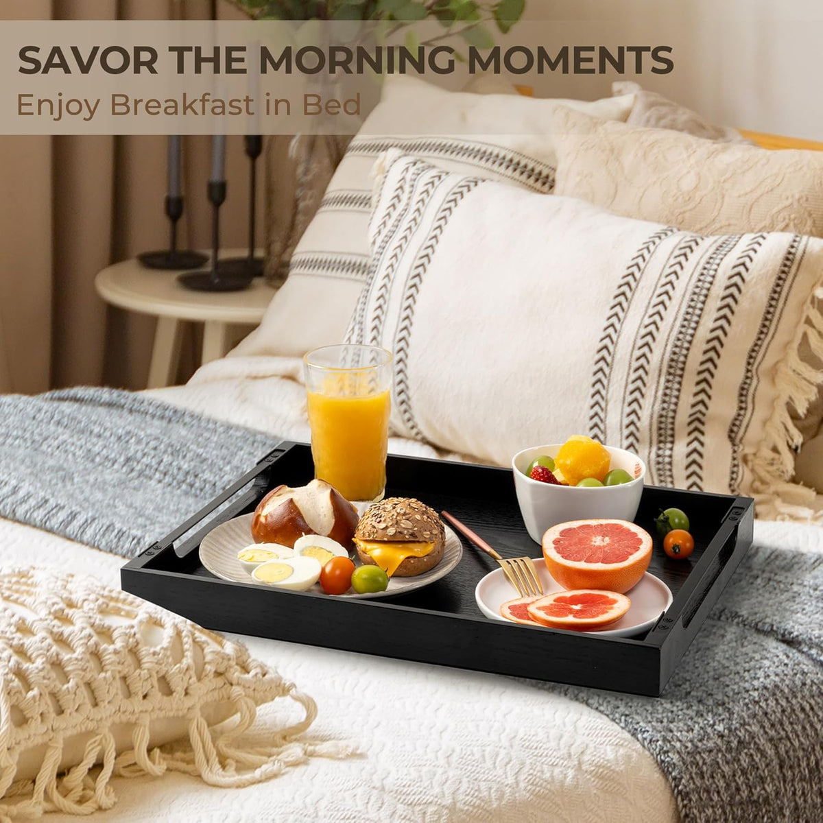 Axeman Wooden Serving Tray with Metal Handles|Ottoman Tray for Breakfast, Bed, Couch|17x13in Ash