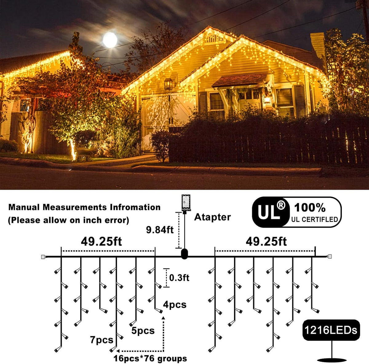 Icicle Lights for Outside 99ft 1216 LED Christmas Lights Outdoor 8 Modes with 228 Drops, Waterproof
