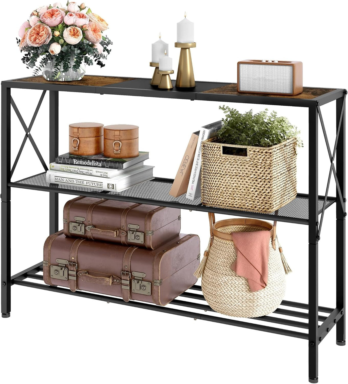 Hoctieon Industrial Console Table, 3 Tier Entryway Table, Hallway Table, Narrow Sofa Table with