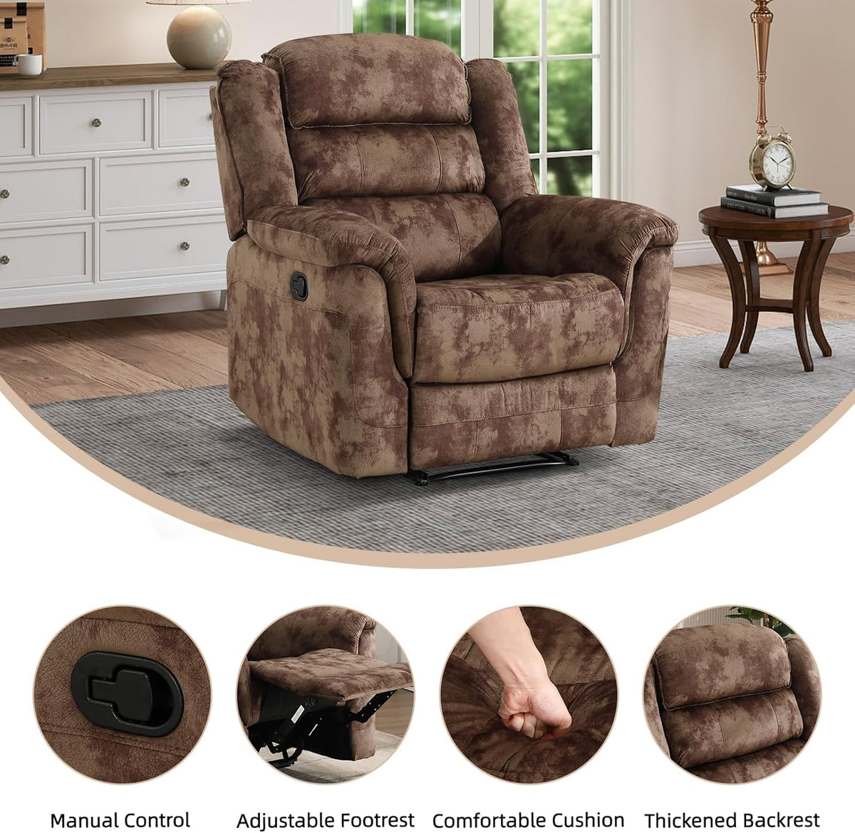 EBELLO Manual Recliner Chair, Soft Fabric Recliner Sofa with Overstuffed Armrest and Backrest for