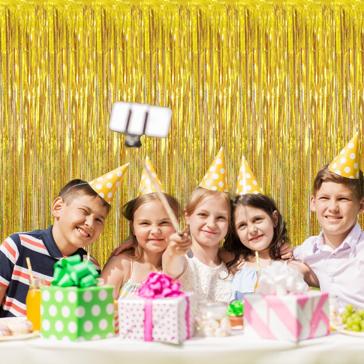 GOER 3.2 ft x 8.2 ft Metallic Tinsel Foil Fringe Curtains Party Photo Backdrop Party Streamers for