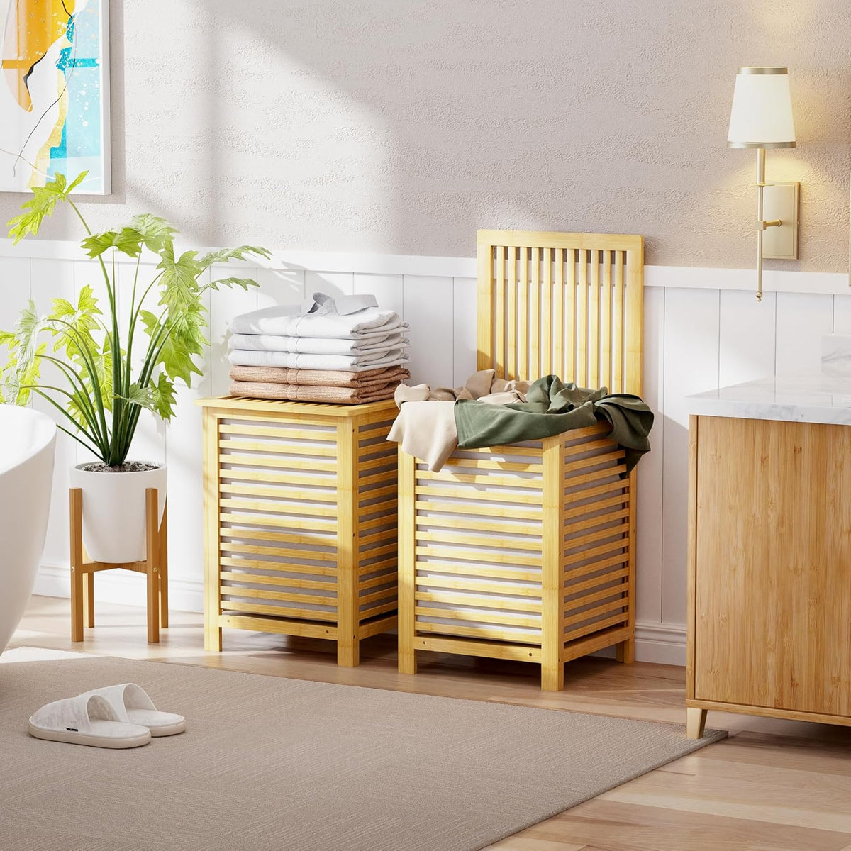 SMIBUY Double Laundry Hamper with Lid, 120L Bamboo Laundry Basket with Removable Liner Bag