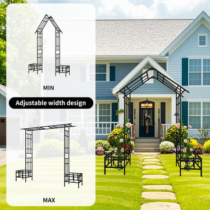 Metal Garden Arch with Plant Box Adjustable Width W68.11'' ~W94.29'' Garden Trellis Climbing Plants