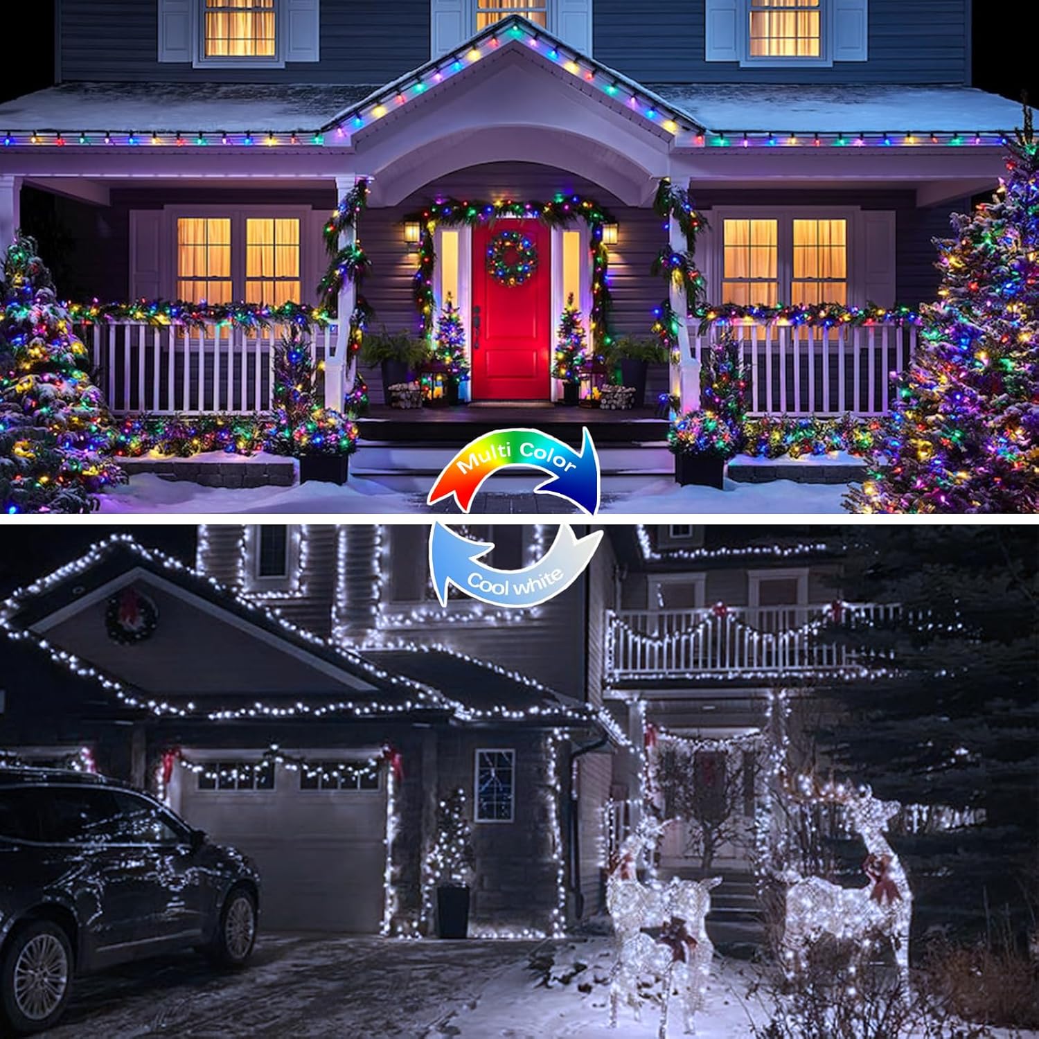 (Cool White ⇋ Multicolor) Solar Christmas String Lights Outdoor, 2-Pack 80FT 200 LED Waterproof
