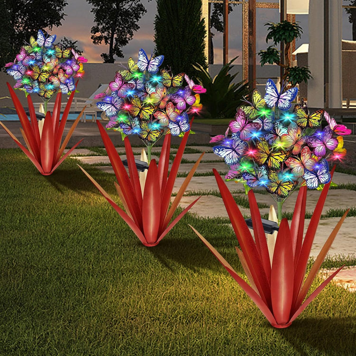 Homight Solar Metal Agave Butterfly Flower Stick Garden Sculpture - Outdoor Gift, Christmas Lights