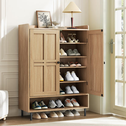 ComfyCorner Shoe Cabinet with Cross Molding Doors, 6-Tier Storage, Oak