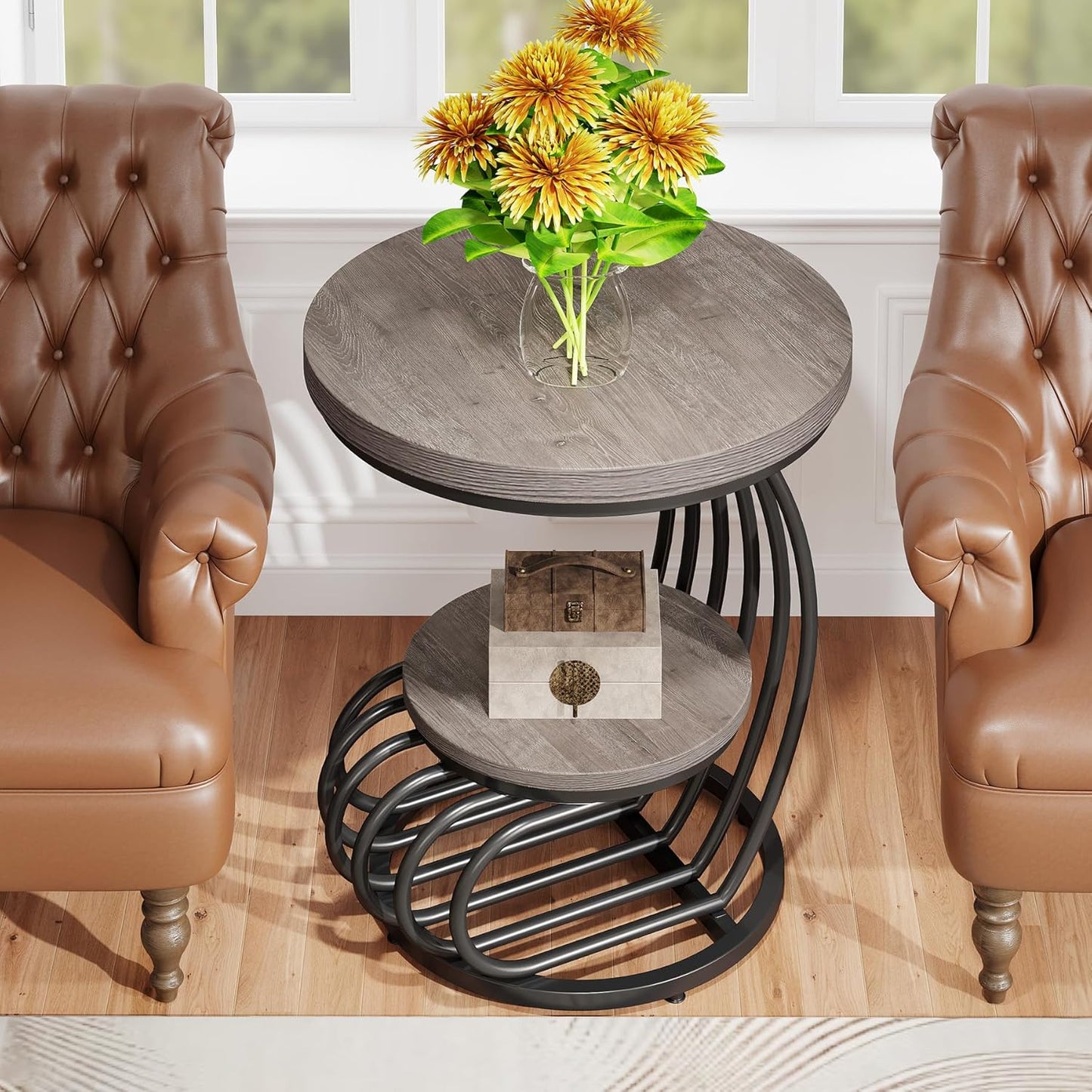 Tribesigns Round End Table: 2 Tiers Wood Side Table with Storage Shelf, Rustic Gray Bedside