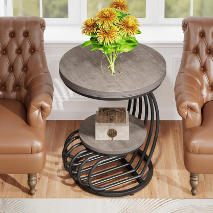 Tribesigns Round End Table: 2 Tiers Wood Side Table with Storage Shelf, Rustic Gray Bedside