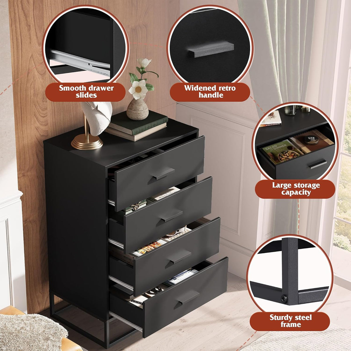 WLIVE Black Dresser for Bedroom with 4 Drawers, Tall Wood Dresser with Sturdy Metal Frame, Wooden