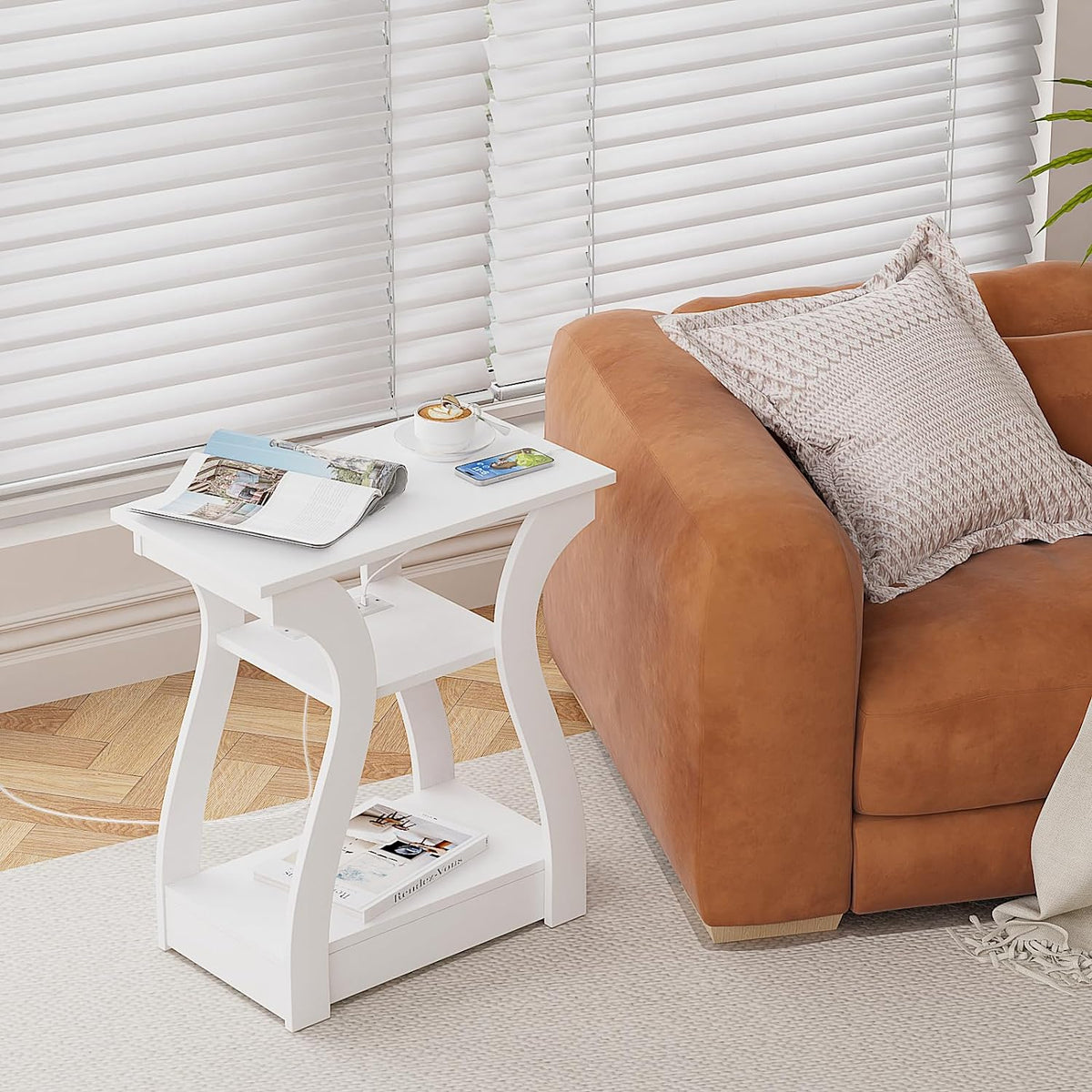 End Tables Living Room Set of 2,End White Table with Charging Station, Side Table, Nightstand for