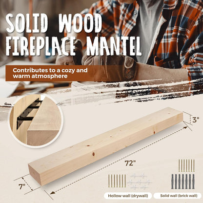 72x7x3 Fireplace Mantel - Solid Rustic Wood Wall Mounted Floating Shelf - DIY Color - with