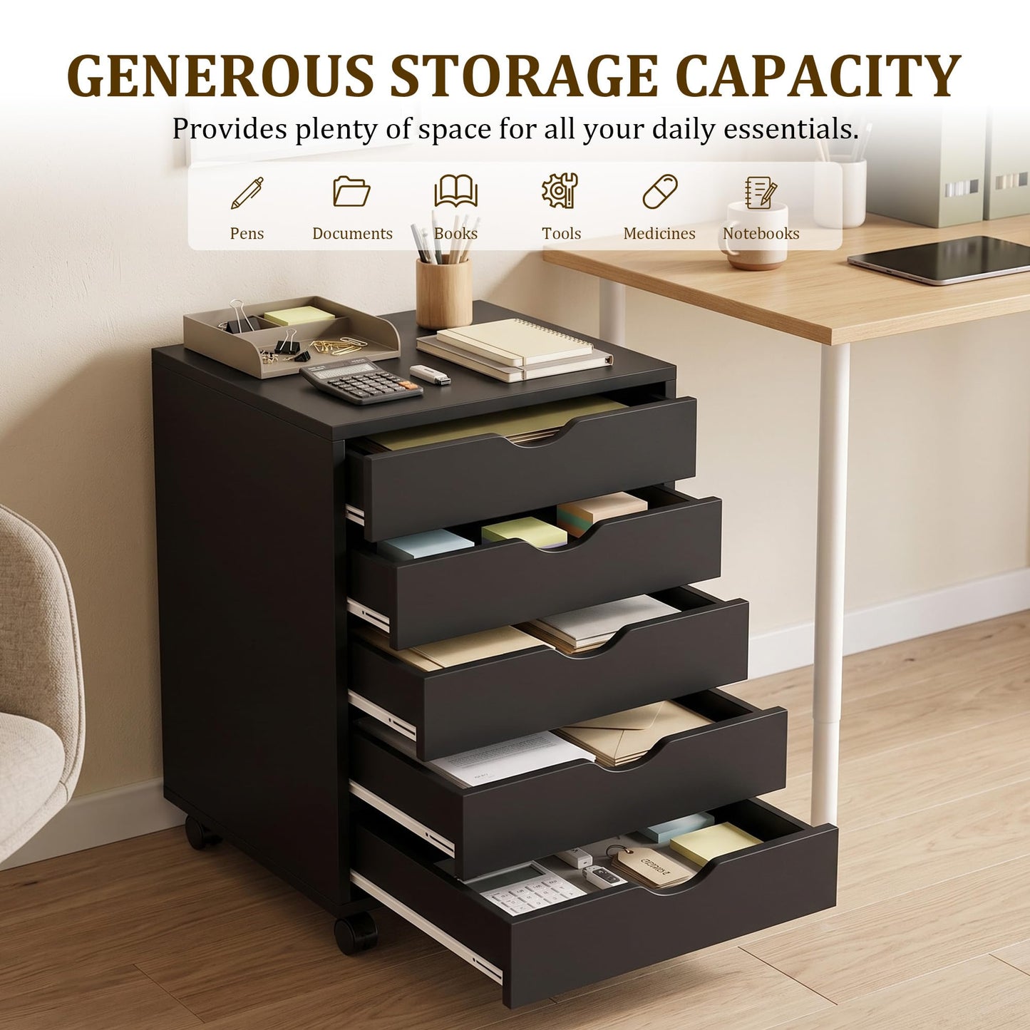 5 Drawer File Cabinet with Wheels, Under Desk Storage Drawers, Black