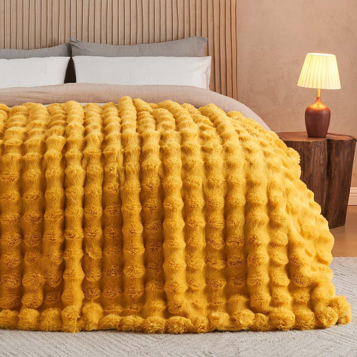 Lotus Karen Faux Fur Throw Blanket Ginger Yellow - Big Bubble Rabbit Fluff Blanket for Couch Bed