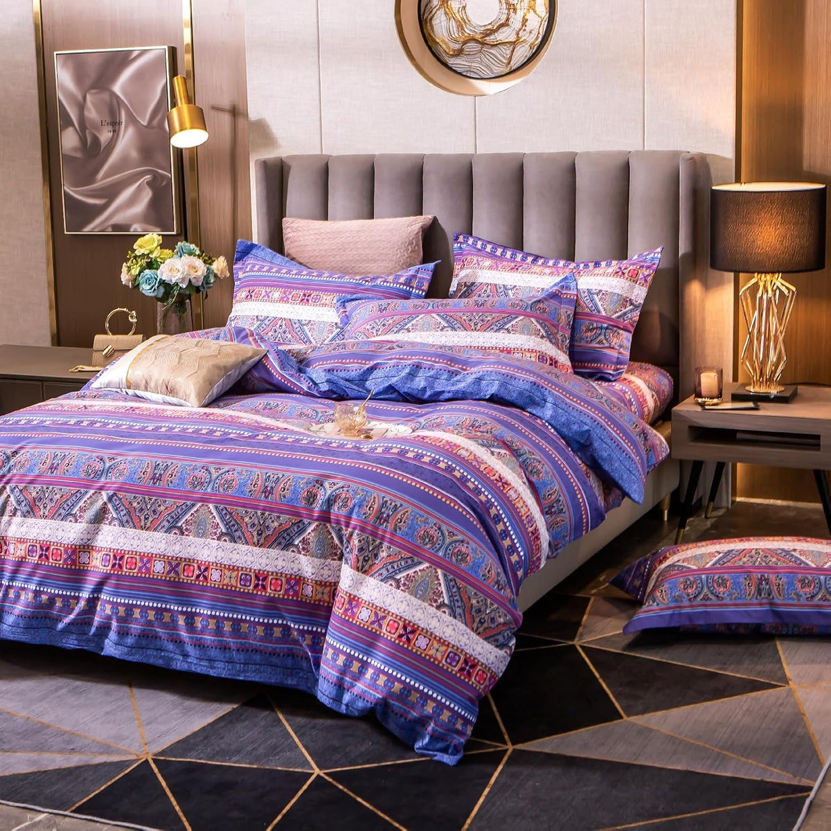 ABREEZE Bohemian Vintage Cal.King Size Floral Cotton Bedding Set 3Pcs Duvet Cover Set Boho Purple