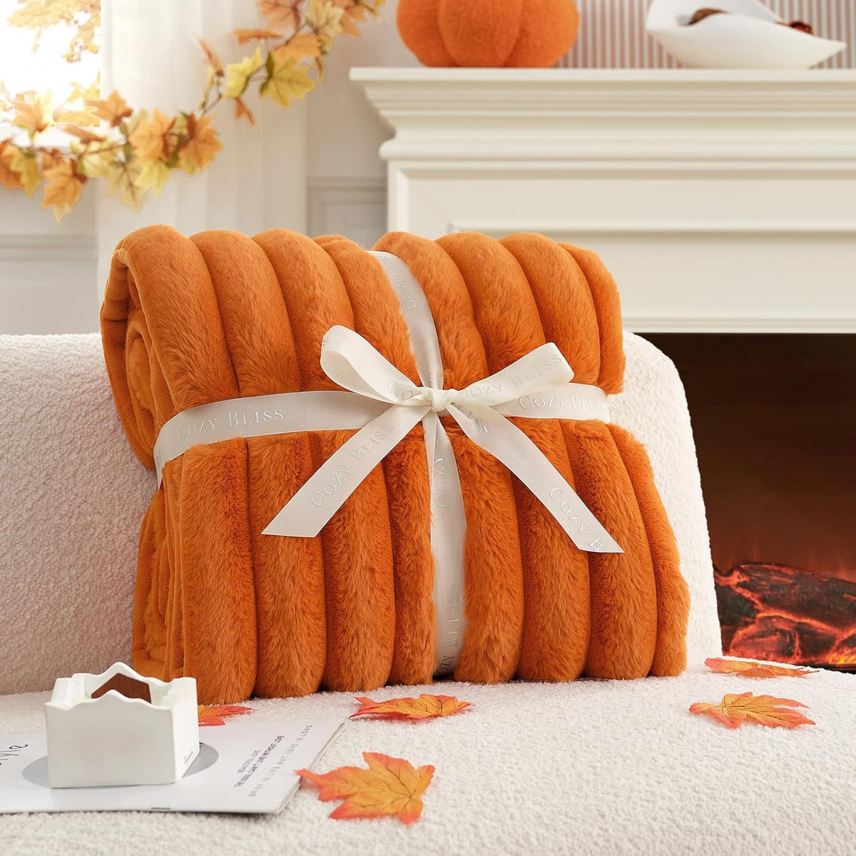 Cozy Bliss Fall Harvest Faux Fur Throw Blanket for Couch, Cozy Warm Plush Striped Blanket for for