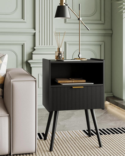 Nightstand,Modern Bedside Table with Storage Drawer and Open Wood Shelf, Accent Night Stand with