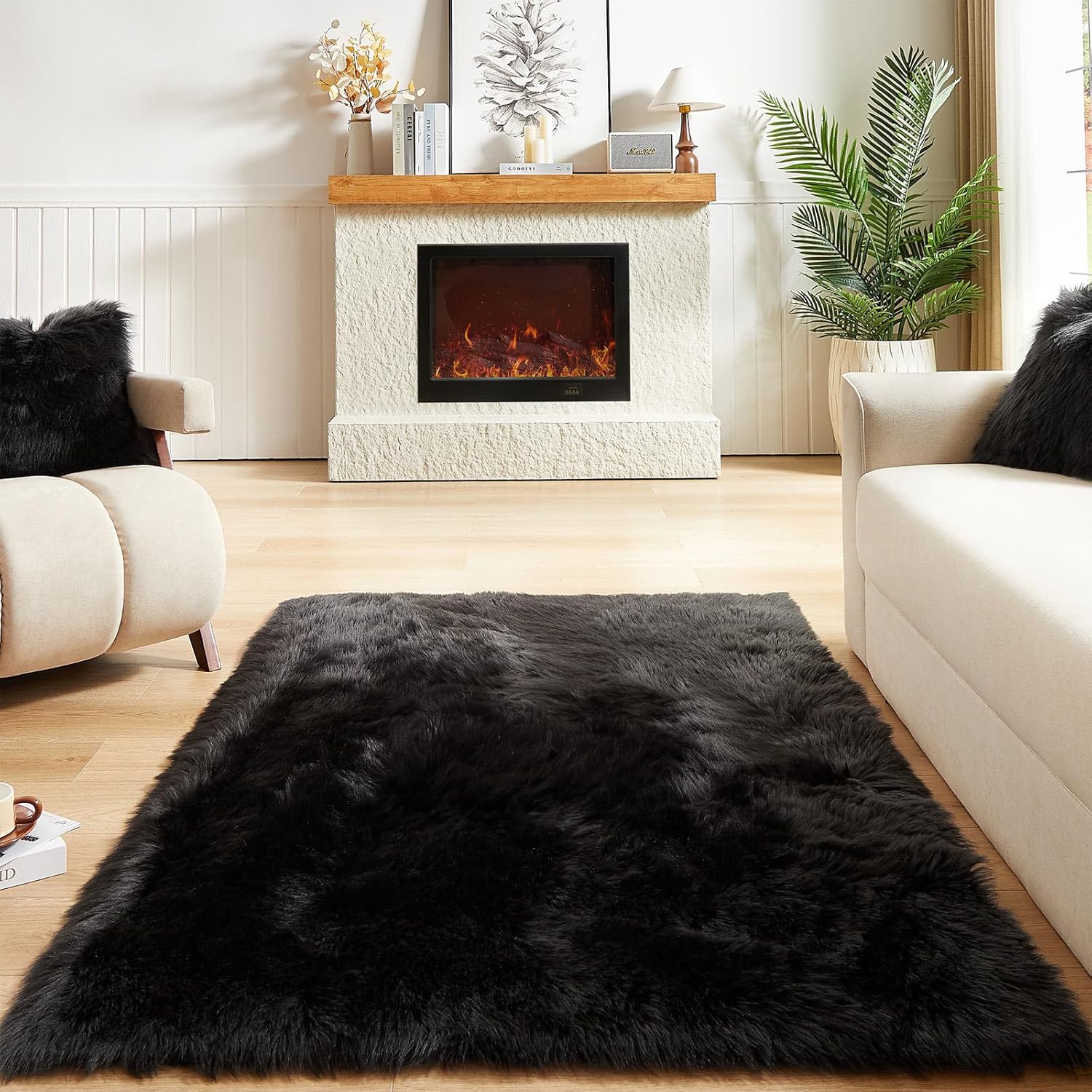 AMTOVO Faux Fur Sheepskin Rug for Living Room, 4 x 6 ft Black Fluffy Area Rug for Bedroom