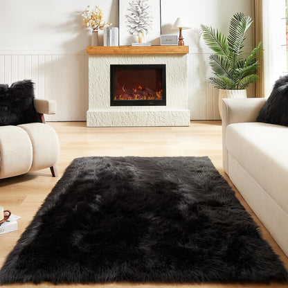 AMTOVO Faux Fur Sheepskin Rug for Living Room, 4 x 6 ft Black Fluffy Area Rug for Bedroom
