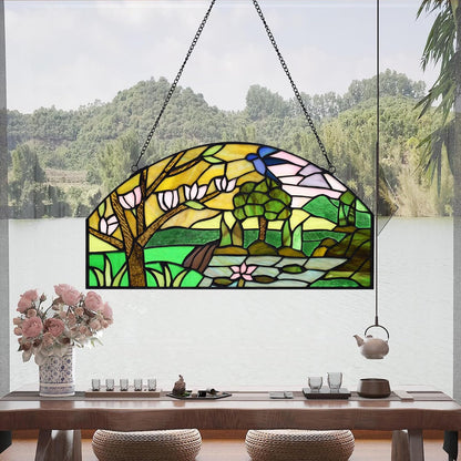YOURANJU Half Moon Stained Glass Window Hanging Tiffany Style 16" x 8" Half-Round Window Panel