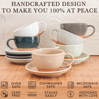 Mora Ceramic Latte Art Mug With Saucer - 10.5 oz, Round Bottom For Perfect Pours - Cafe Cups for
