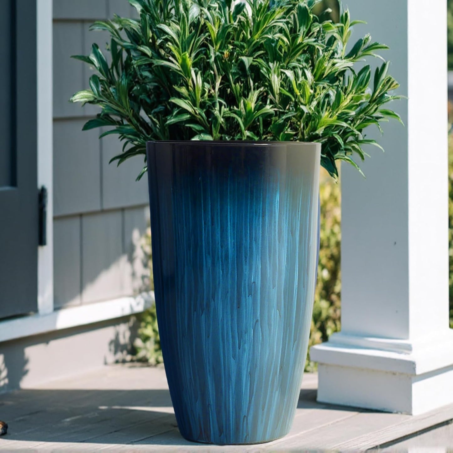 Worth Garden 20" H. Large Plastic Planters - Set of 2 Gradient Blue Glossy Smooth Finish - Tall