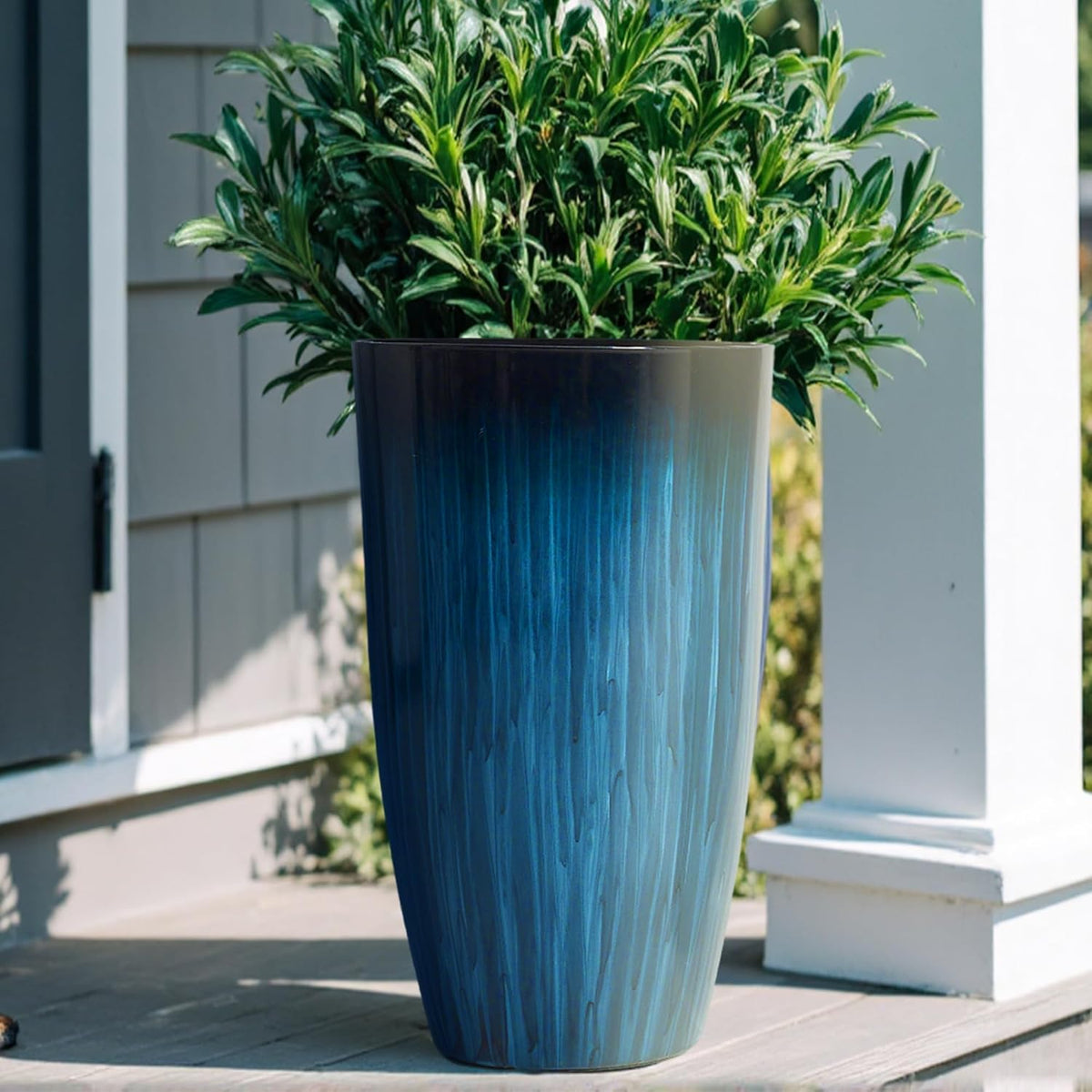 Worth Garden 20" H. Large Plastic Planters - Set of 2 Gradient Blue Glossy Smooth Finish - Tall