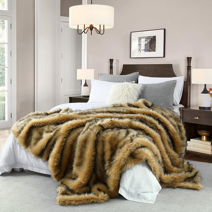 Luxury Plush Faux Fur Blanket Queen Size, Long Pile Golden Yellow with Black Tips Throw, Oversized