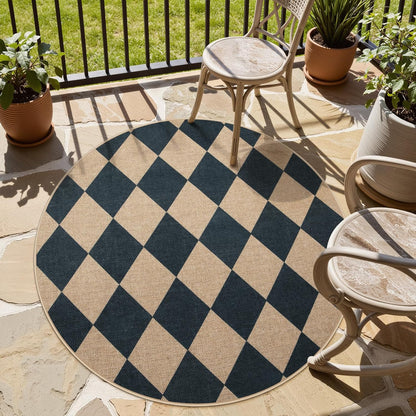 Lahome Checkered Round Entryway Rug 4ft, Circle Indoor Outdoor Patio Rug Washable Farmhouse Easy