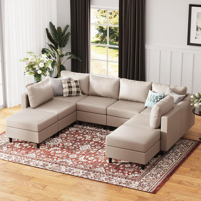 118.5" Faux Leather Modular Sectional Sofa, Modern Large 8 Seater U Shaped Couch with Storage Seat