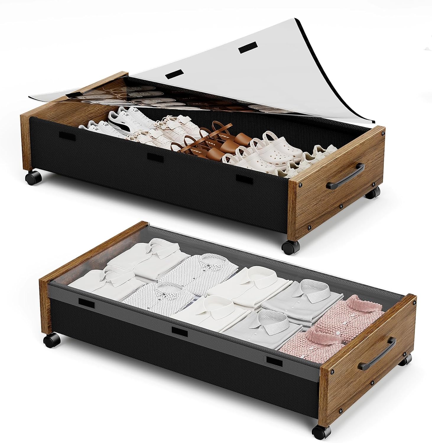 Wooden Under Bed Storage with Wheels, Rolling Under the Bed Storage Bins with Removable Lid, Metal