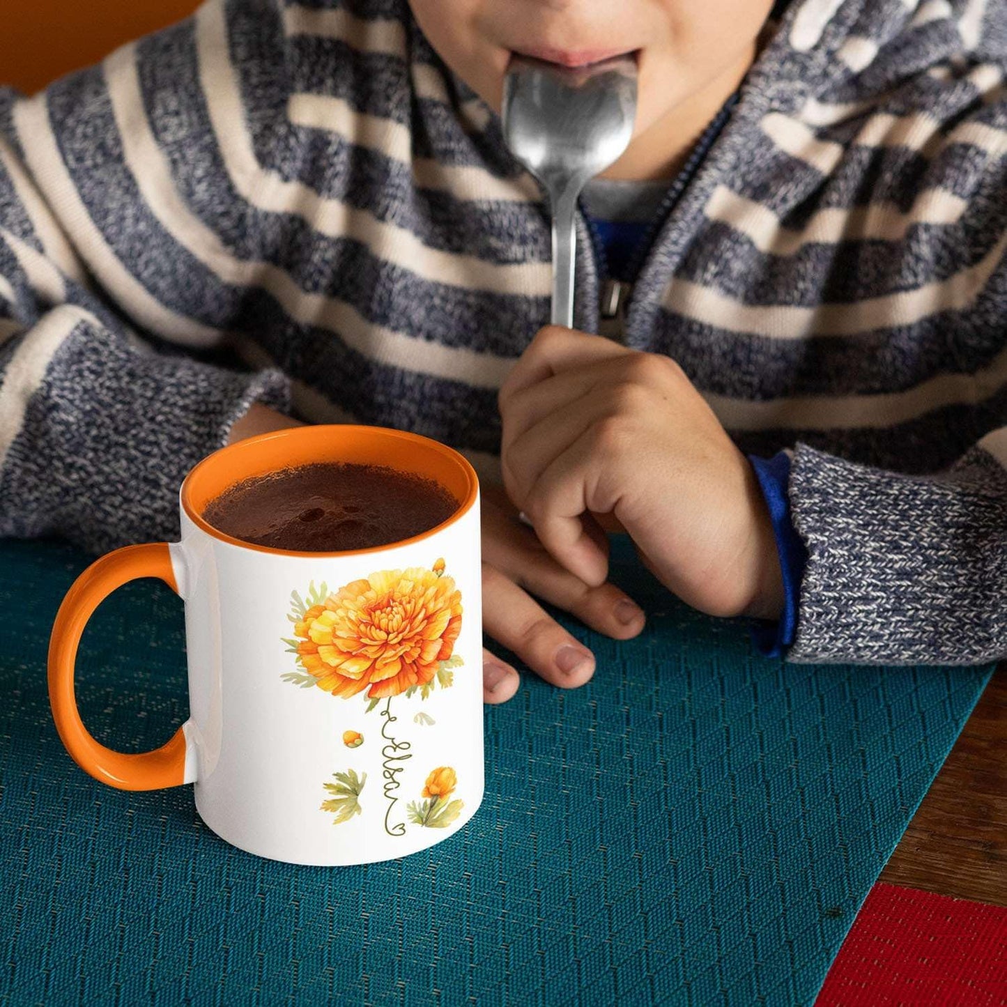 Unique Marigold Themed Ceramic Mug, Personalized Name Flower Accent Cup, Lovely Floral Coffee Mug