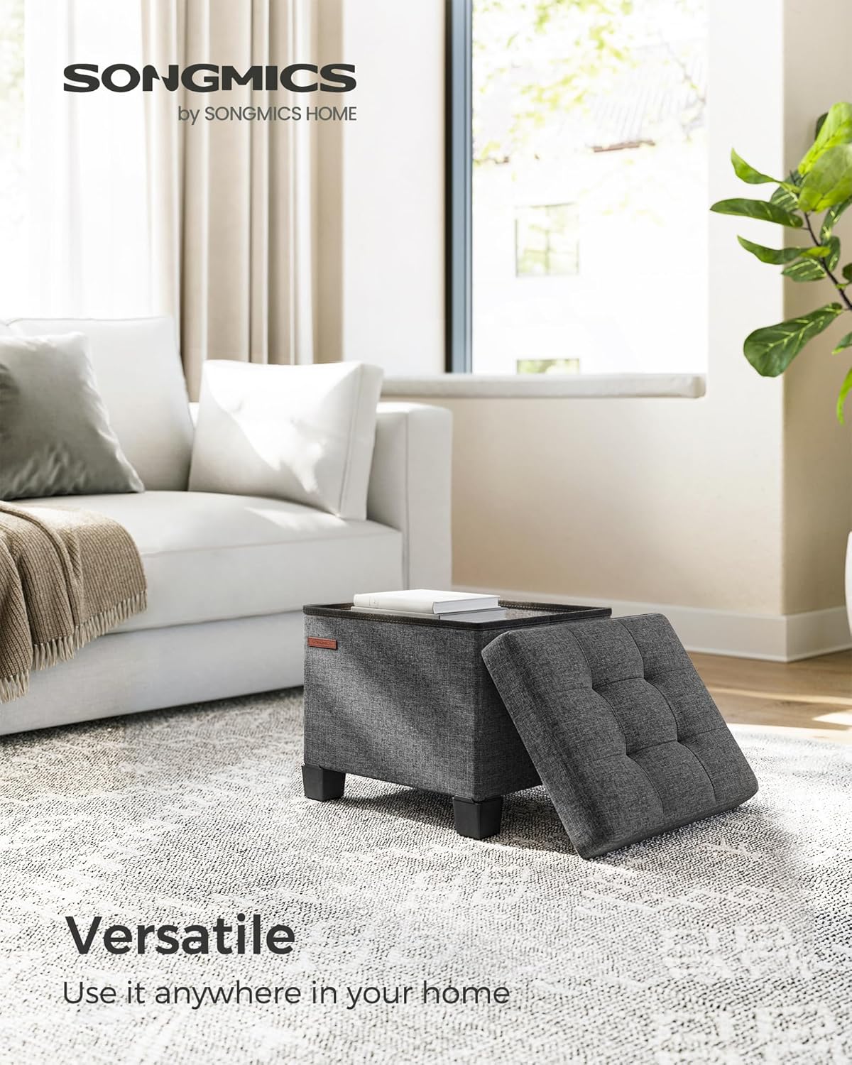 SONGMICS Storage Ottoman, Small Ottoman Foot Rest with Legs, 12.6 x 15.8 x 13.2 Inches Foot Stool