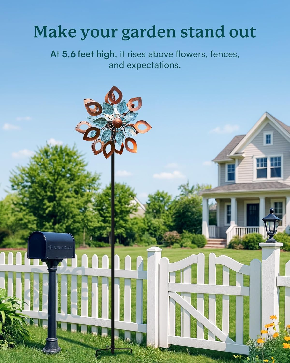 Copper Wind Spinners Outdoor 74 Inches with Solar LED Light, Kinetic Dual Wind Sculptures &
