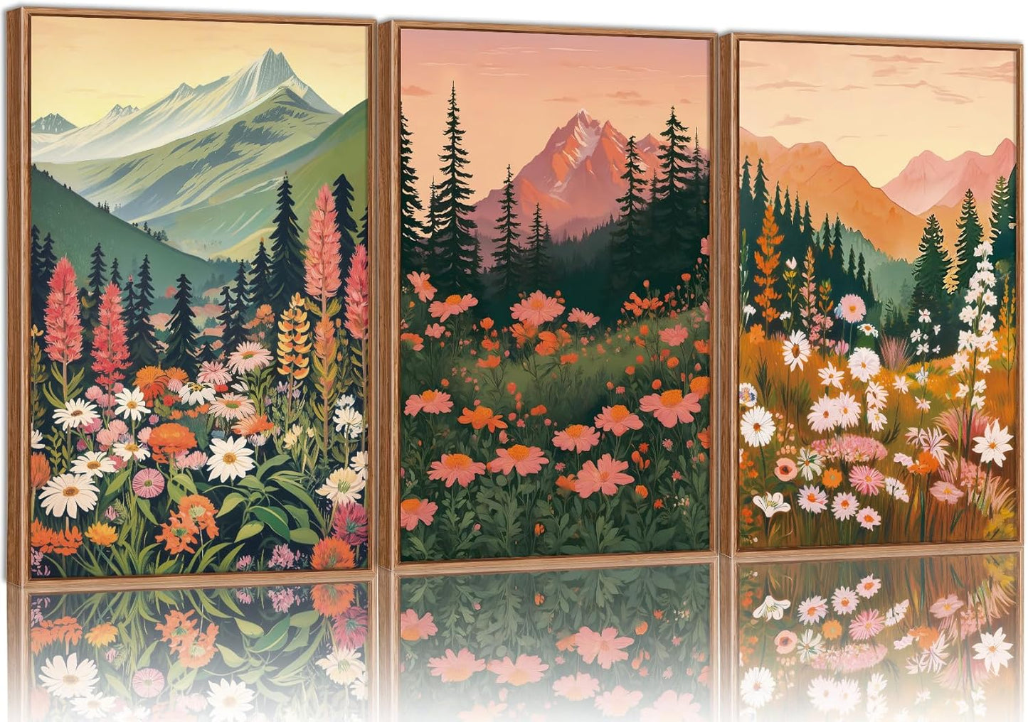 Tinonedraw Colorful Nature Flowers Framed Canvas Wall Art Set, Boho Blue Ridge Mountain Wall