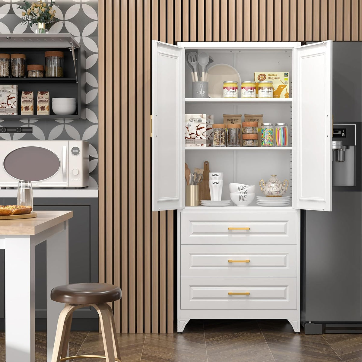 75" Kitchen Pantry Cabinet with 3 Drawer,Metal Storage Cabinets with Doors and 4 Adjustable
