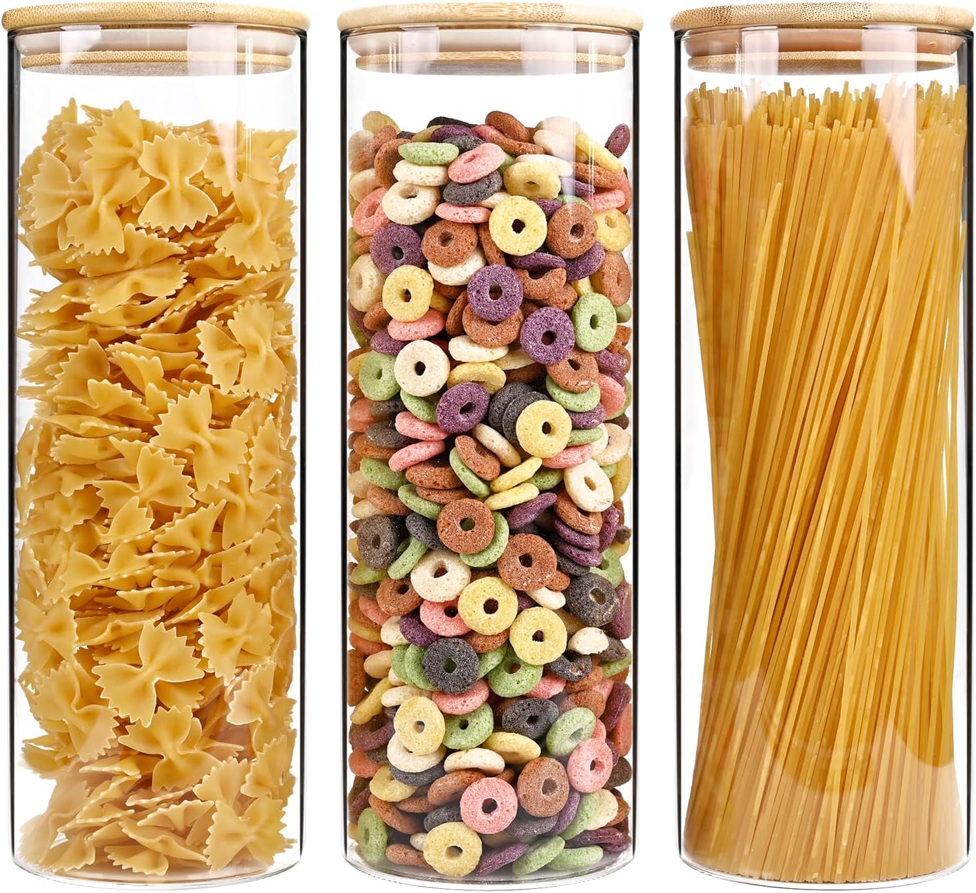 73oz Glass Pasta Storage Jars, Tall Glass Jars with Bamboo Lids, Spaghetti Container, Set of 3
