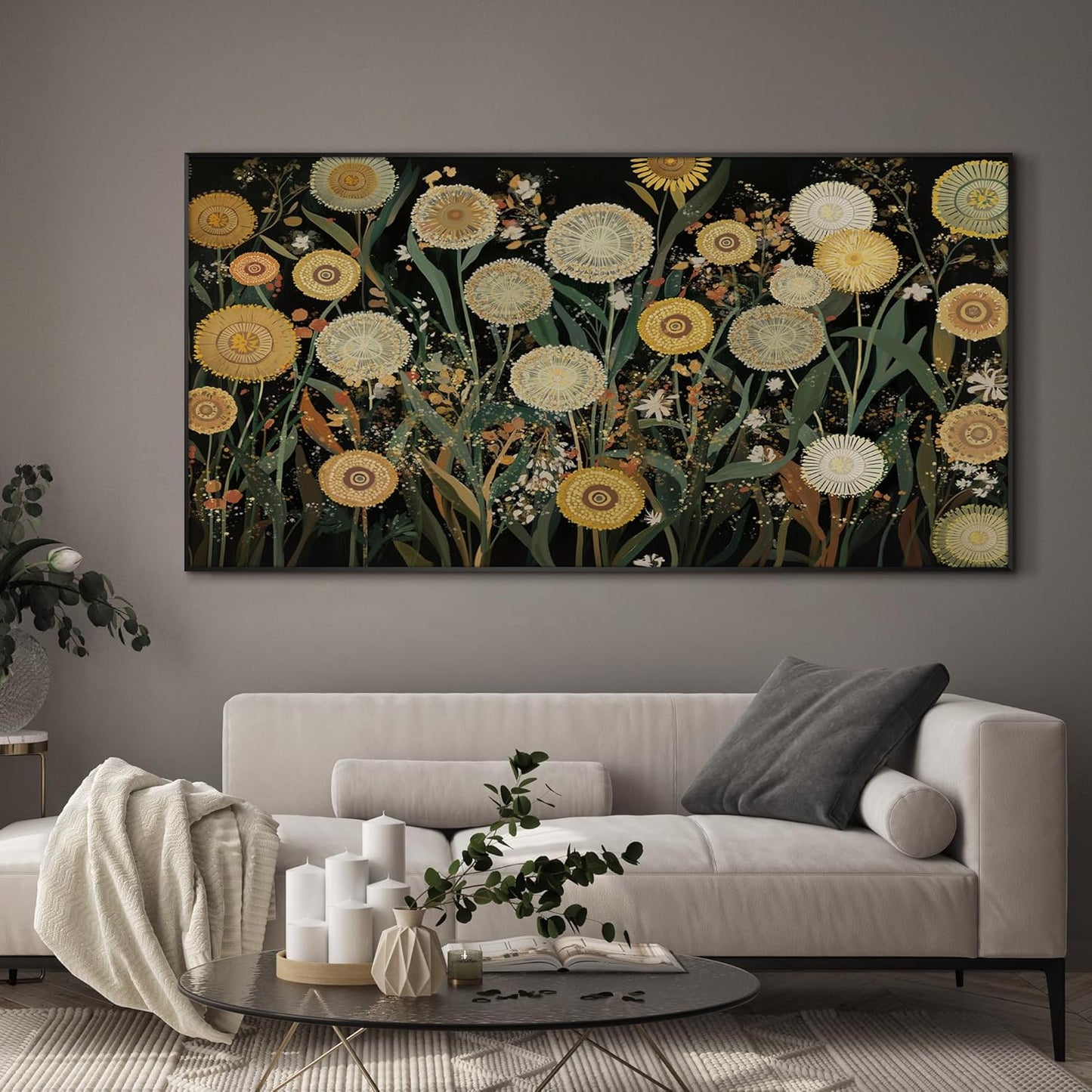 SIGNWIN 36"x72" Extra Large Framed Wall Art Whimsical Dandelion Field in Yellow and Green, Playful