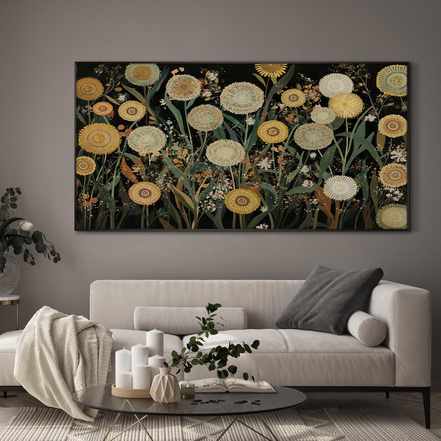 SIGNWIN 36"x72" Extra Large Framed Wall Art Whimsical Dandelion Field in Yellow and Green, Playful