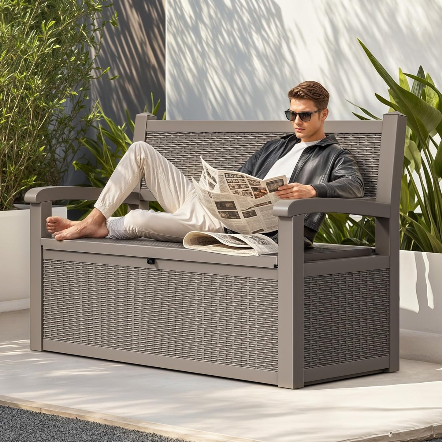 YITAHOME 70 Gallon Deck Bench with Storage, Outdoor Storage Box Bench with Armrests for Patio