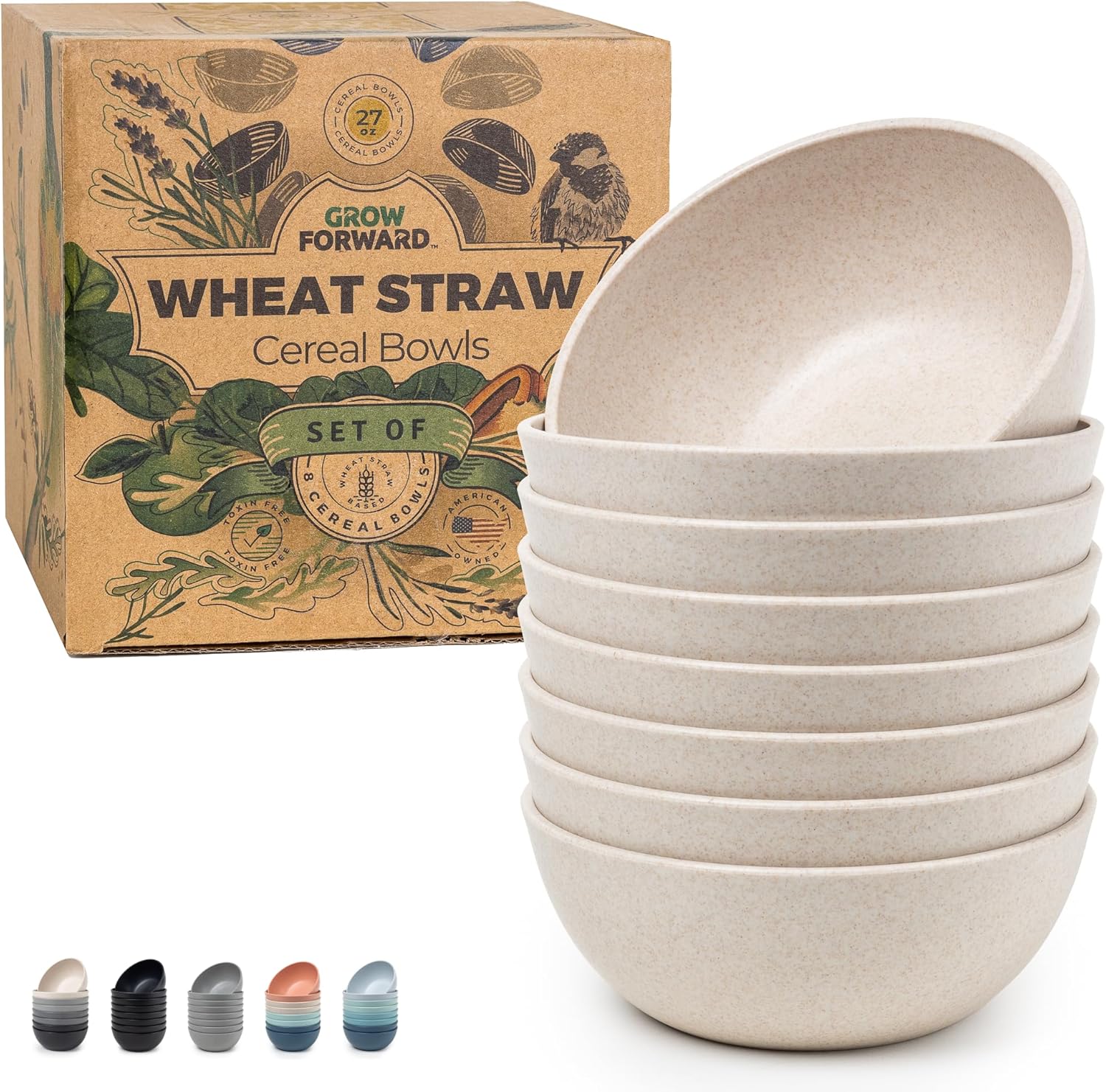 Grow Forward Premium Wheat Straw Bowls - 27oz Microwave Safe Plastic Cereal Bowls Set of 8 for