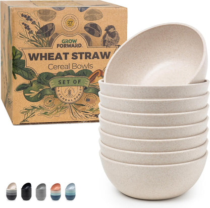 Grow Forward Premium Wheat Straw Bowls - 27oz Microwave Safe Plastic Cereal Bowls Set of 8 for