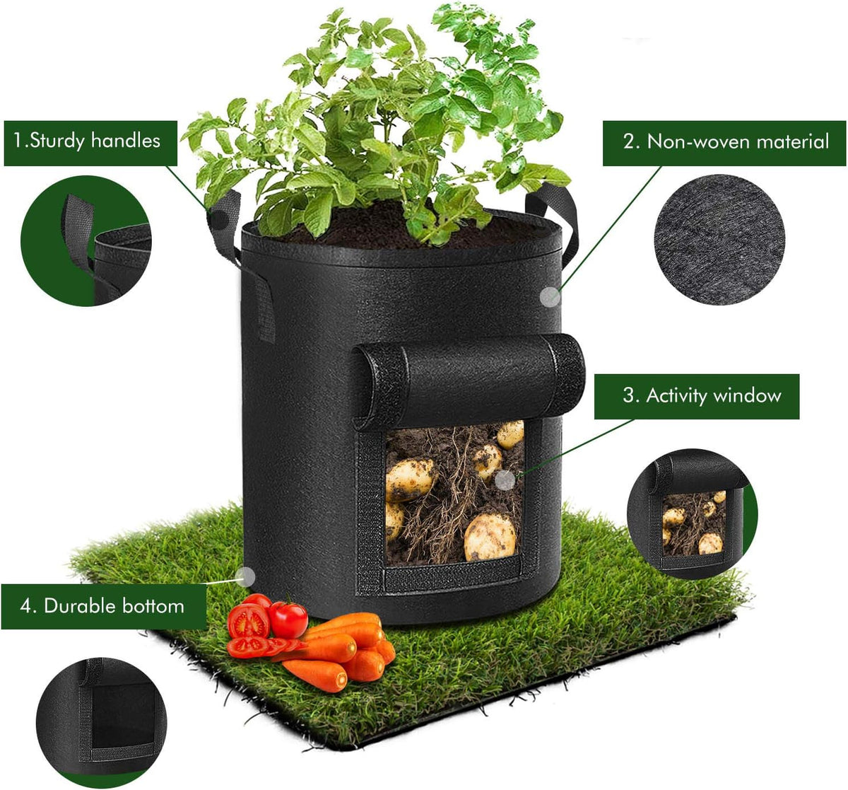 5-Pack 10 Gallon Potato Grow Bags, Garden Planting Bag with Reinforced Handle, Thickened Nonwoven